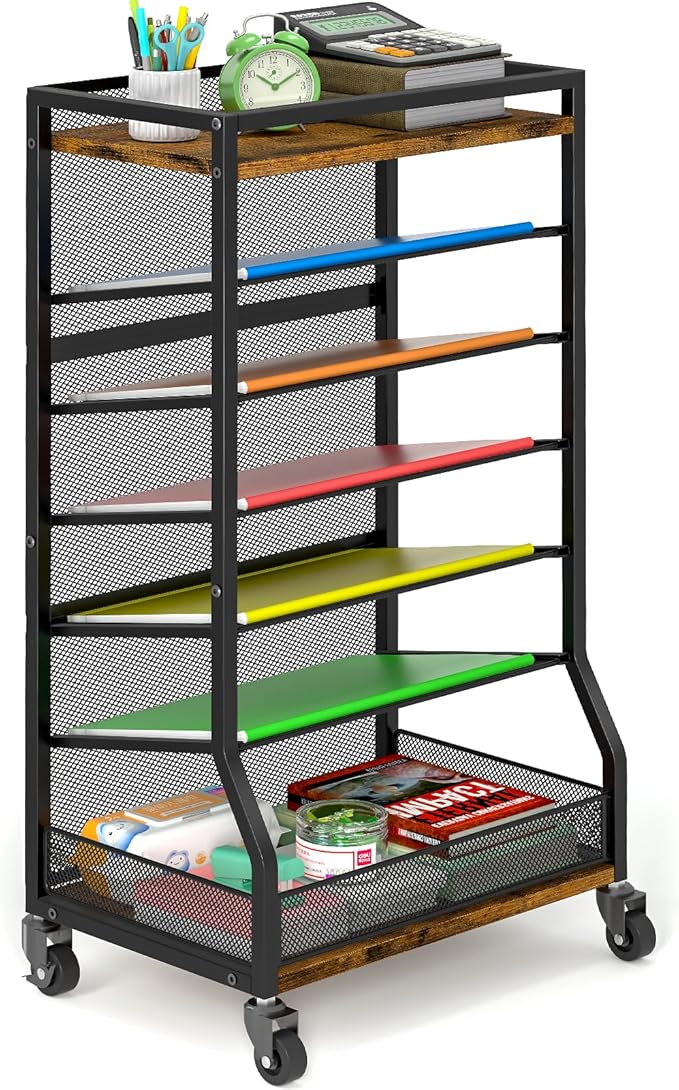 ThreeHio 7 Tier Rolling File Cart with Sliding Trays, Wood Metal File Organizer Beside Desk, Free-Standing File Holder, Paper Letter Tray Organizer Mesh Desk Organizer for Home Office School (Patent)