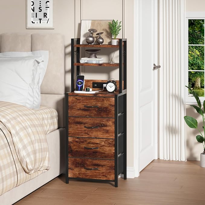 Tall Nightstand with LED Light, LED Night Stand with Charging Station and USB Type C Port, Bedside Table with 4 Fabric Drawers for Bedroom, Dorm, Office (Brown)