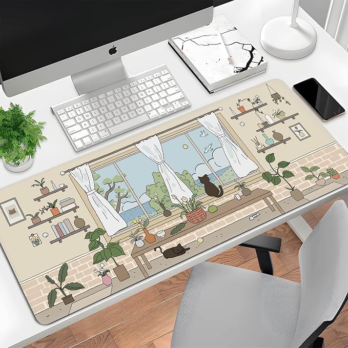 Kawaii Cat Mouse Pad Large Desk Mat Extended Keyboard Mouse Pad Cute Mousepad with Non-Slip Base and Stitched Edge Cat Mouse Mat Desk Pad 31.5 x 11.8 in Mouse Pads for Desk Decor Home Office Gaming