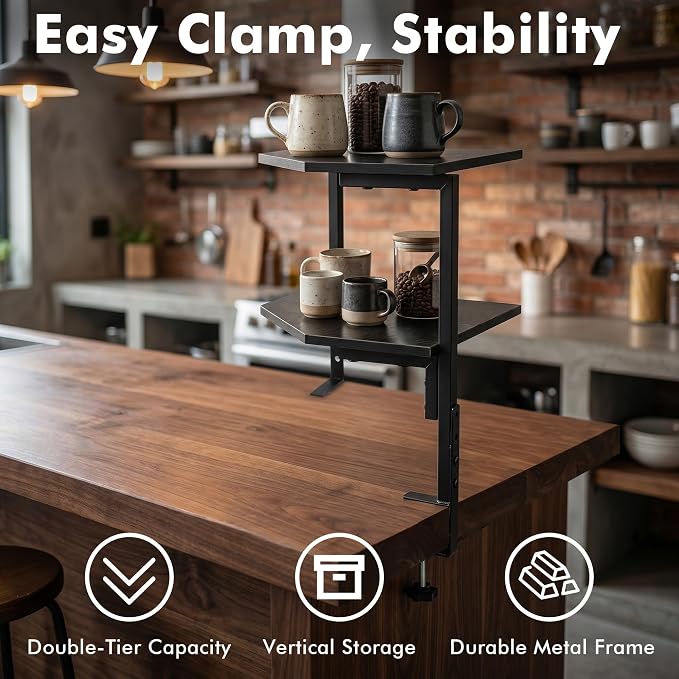 2-Tier Corner Clamp On Desk Shelf for Home Office Gaming Room | Adjustable Corner Clamp On Desk Shelf 2-Tier, Above Table Storage Shelves for Small Space Home Office & Gaming Room