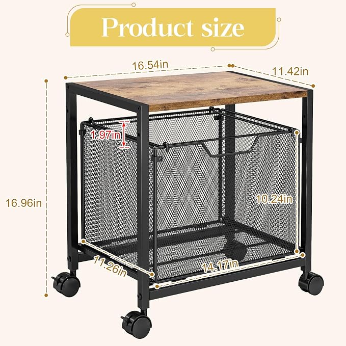 JKsmart Printer Stand with Sliding Drawer, Under Desk File Cabinet with Caster Wheels,Rolling File Cart, 2 Tier Industrial Storage Shelf, Sofa Side Table Organizer for Home, Office, Brown