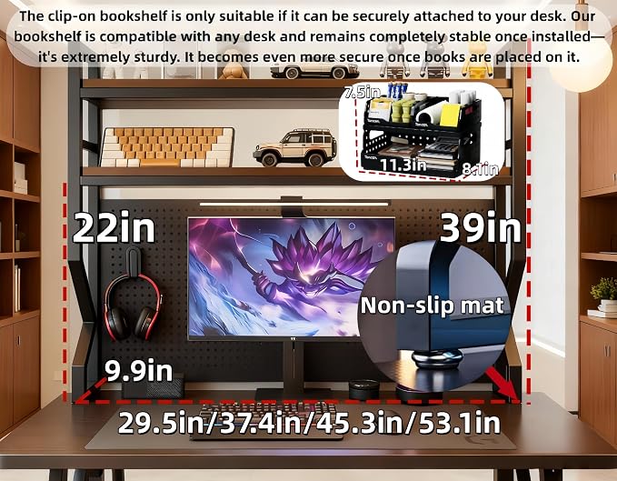 Desktop Hutch Bookshelf,Many Gifts,Metal Desktop Bookcase with pegboard, Desk Shelf, Countertop Storage Organizer Rack for Dorm or Office,Desktop Shelves (Natural+Black, 53.1" Lx9.9 Wx39 H)