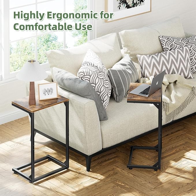Simple Trending C Shaped End Table, Small Side Table, TV Trays for Couch, Sofa Table for Living Room, Bedside, Rustic Brown