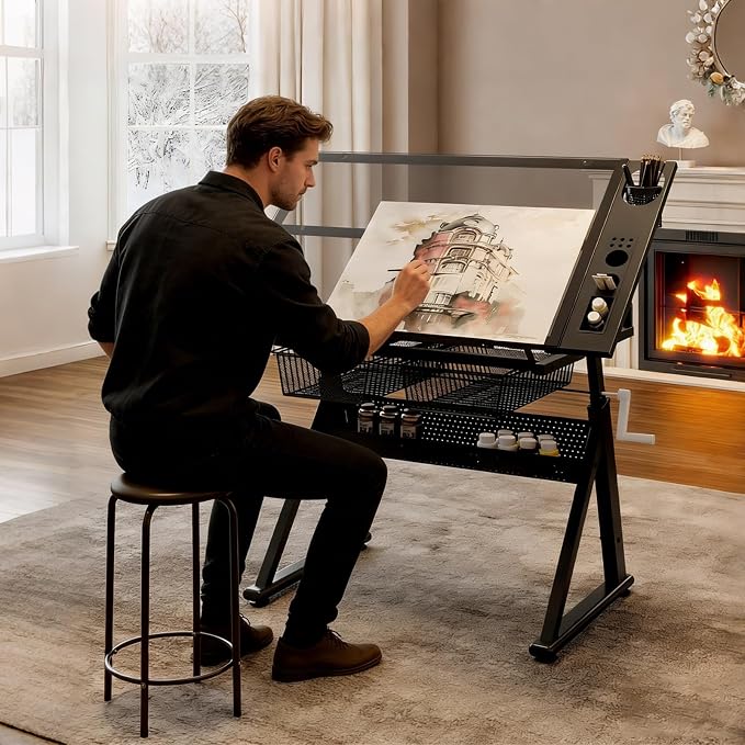 Hand Crank Adjustable Drafting Table with Tempered Glass Top, Height Adjustable Art Drawing Desk with Metal Drawers, Slide-Up Pencil Ledge & Stool, Drafting Desk for Home Studio Office