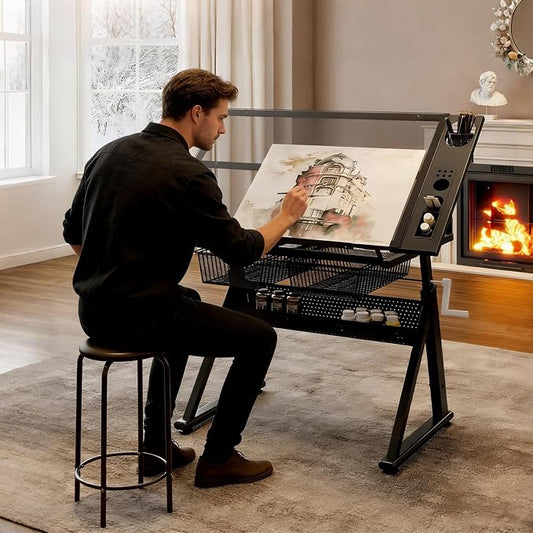 Hand Crank Adjustable Drafting Table with Tempered Glass Top, Height Adjustable Art Drawing Desk with Metal Drawers, Slide-Up Pencil Ledge & Stool, Drafting Desk for Home Studio Office