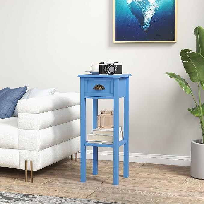 HOMCOM Narrow End Table with Drawer and Bottom Shelf, Slim Side Table for Small Spaces, Skinny Modern Accent Desk for Living Room, Set of 1, Light Blue