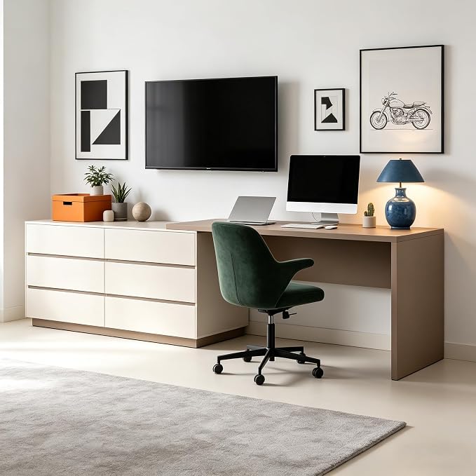 Retractable L-Corner Computer Desk with 6 Organizer Drawers for Games, Make-up, Home Office, Khaki (Khaki)