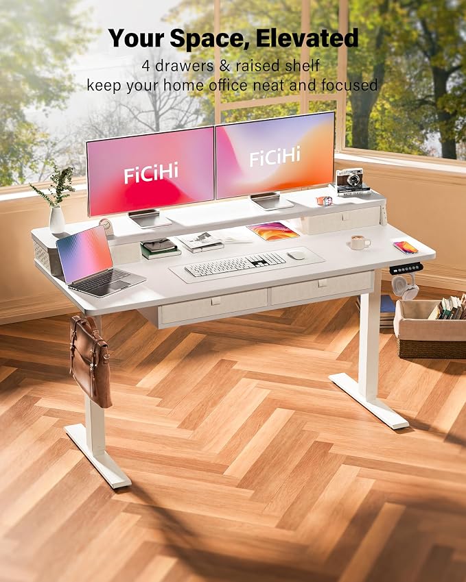 FiCiHi Electric Standing Desk with Four Drawers, 55 x 24 Inch Adjustable Height Sit Stand Desk, C-Clamp Compatible Home Office Desk with Storage Shelf & Monitor Stand Riser, White