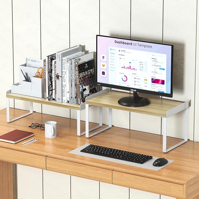 2 Sets Desk Shelves for Top of Desk, 2 Tier Independent Stackable Desktop Shelves, Desktop Organizer Shelf, Adjustable Bookshelf,Metal and Engineered Wood, (White+mapple)