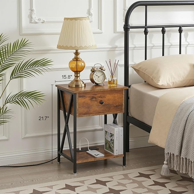 VECELO Nightstand Set of 2,End Tables with Charger Station,Bed Side Table with Open Shelf &USB Ports & Outlets,Small Dresser for Bedroom, Living Room,Rustic Brown