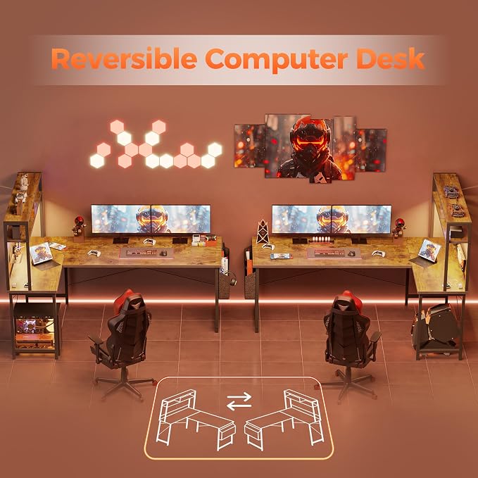 Mericonia 51 inch Large L Shaped Desk with Pegboard Hutch & Shelves, Corner Gaming Desk with Power Outlet, LED Light & Storage Bag, Reversible Computer Desk for Home, Bedroom, Office Workspace, Brown