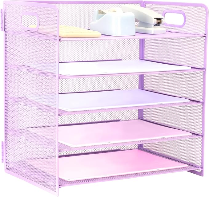 5 Tier Lettrer Tray Organizer with Handle, Metal Mesh Desk File Organizer with Sliding Trays, Paper Sorter Desk for Home Office School, Purple