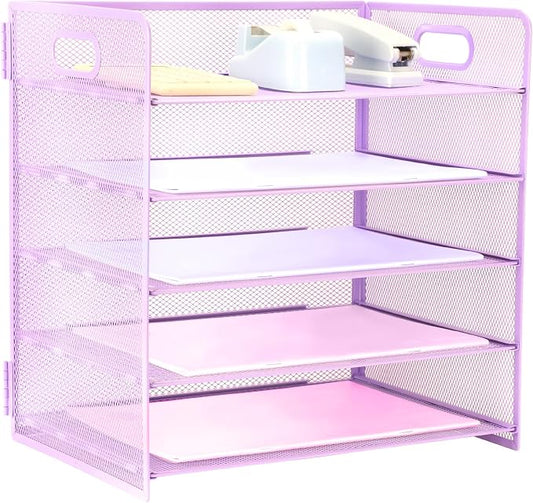 5 Tier Lettrer Tray Organizer with Handle, Metal Mesh Desk File Organizer with Sliding Trays, Paper Sorter Desk for Home Office School, Purple