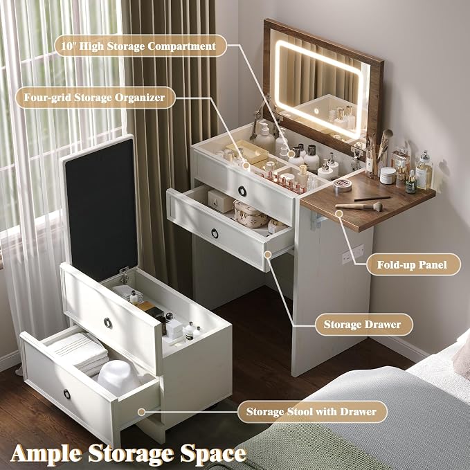 LUXOAK 3-in-1 Small Vanity Desk with Mirror and Lights, Compact Hidden Vanity Set with Stool & Charging Station, Makeup Table for Girls Bedroom and Dressing Room, Rustic White