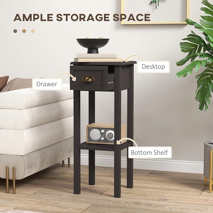 HOMCOM Narrow End Table with Drawer and Bottom Shelf, Slim Side Table for Small Spaces, Skinny Modern Accent Desk for Living Room, Set of 1, Coffee