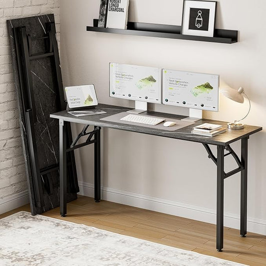 Frylr Small Folding Computer Desk – Portable 55.1 Inch Foldable Laptop Table, Collapsible and Compact for Easy and Fast Setup, Lightweight for Small Spaces, Home Craft and Study Use, Marble Greige