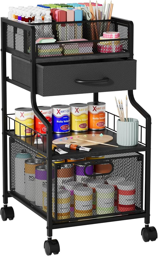 SWTYMIKI Under Desk Storage Cart- Art Storage Cart with Drawers & DIY Divider - Office Cart Organizer Under Desk Shelf, Craft Rolling Cart for Office, Craft Room & Studio Black