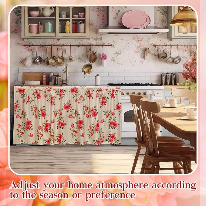 VitalCozy Cabinet Curtains 28" W x 51" L Sink Skirt for Bathroom Kitchen Vintage Rose Floral Cabinet Curtains for Classroom Home Farmhouse Rustic Drape Under Desk Privacy Drape for Laundry Room