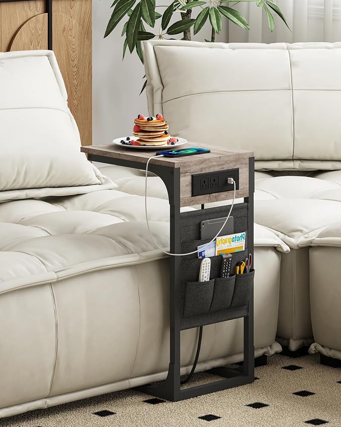 TUTOTAK C Shaped End Table with Charging Station, Side Table for Sofa, Couch Table with Storage Bag, Set of 2, TV Tray Table with 2 USB Ports and Outlets for Living Room, Bedroom, TB01BG0242