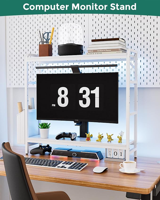 Desktop Shelves, Monitor Stand with Adjustable Shelves and Side Pockets, 2-Tier Desktop Bookshelf Organizer, Large Capacity Display Shelf Rack, Desk Hutch for Home Office, Study Room, White