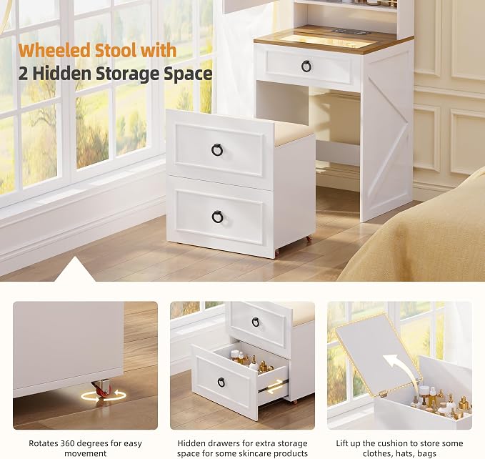 Gurexl 3 in 1 Small Vanity Desk with Lights and Mirror,Tall Lighted Compact Vanity with Charging Station,Makeup Vanity Set with Jewelry Armoire,Glass Top,Wheeled Stool,3 Drawers, White