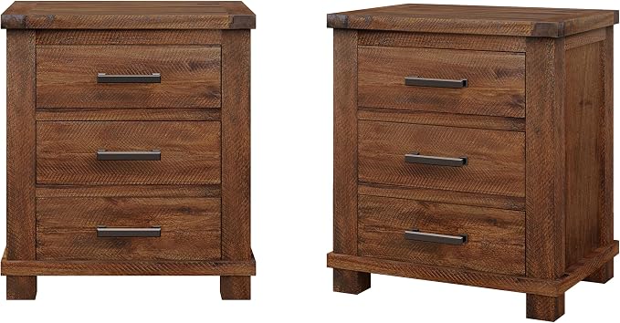 Knocbel Farmhouse Nightstand with 3 Storage Drawers, Reclaimed Pine Wood Bedside Table Night Stand Sofa Side End Table with Antique Metal Handles, Fully Assembled (Natural 2-Piece)