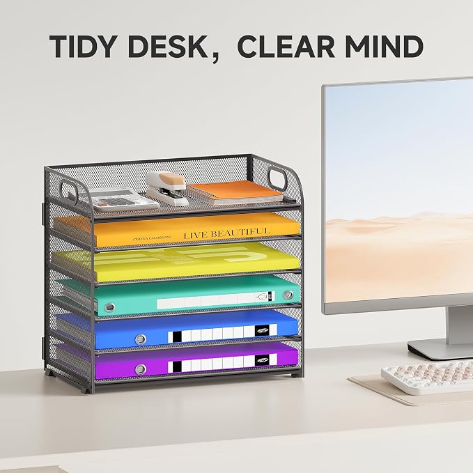 Cawukege 6 Tier Paper Organizer, Grey Letter Tray with Handle, Mesh Desk Organizer, Metal File Organizer, Office Desk Accessories for Home, Office, Classroom, School