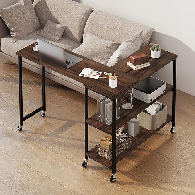 Tangkula Large 360° Free Rotating Sofa Side Table, Patented Mobile Couch Desk with 2-Tier Storage Shelves, Movable Laptop Desk with Sturdy Metal Frame, Extendable Couch Snack Table for Home Office