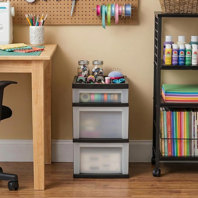 IRIS USA Plastic Drawer Storage Organizer Rolling Cart, 3-Drawers, for Classroom Art Craft Supplies Dresser Closet Bathroom Laundry Room, Black/Pearl