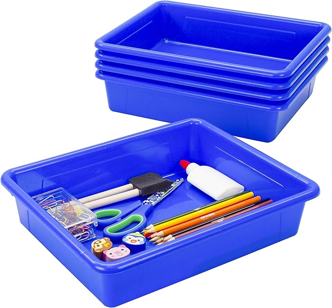 Storex Letter Size Flat Storage Tray – Organizer Bin for Classroom, Office and Home, Blue, 5-Pack (62517U05C)