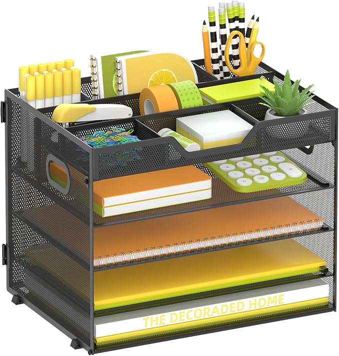 SUPEASY 5 Tier Desk Organizer, Mesh Letter Tray Paper Organizer with 4 Adjustable Storage Compartments & Pen Holder, Metal Desk Accessories for Home Office School, Black