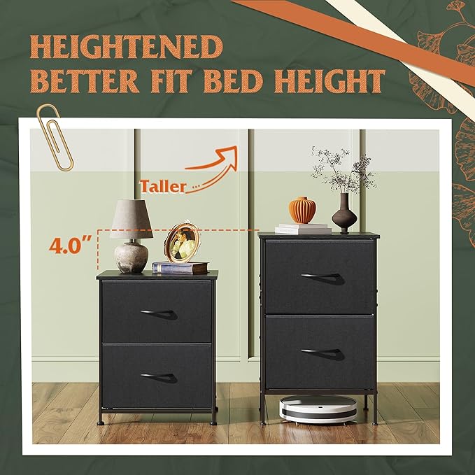 WLIVE Night Stand, Small Dresser with 2 Drawers & Wooden Top, Nightstand with Fabric Bins, Bedside Table End Table for Bedroom, Closet, Entryway, College Dorm, Black