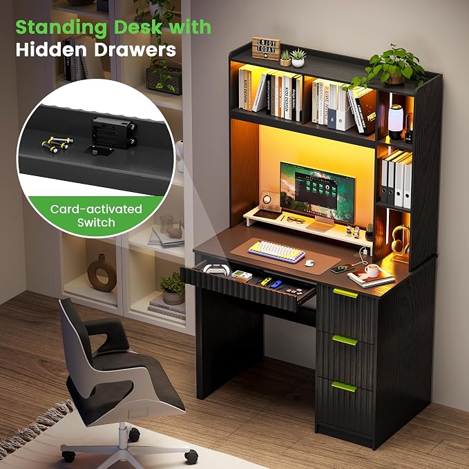 Modern Smart LED Study Desk with Hutch & Storage Cabinet - 3 Color LED Lighting, Card-Based Lock & USB Charging Ports, Multipurpose Computer Desk for Home Office & Student,Black