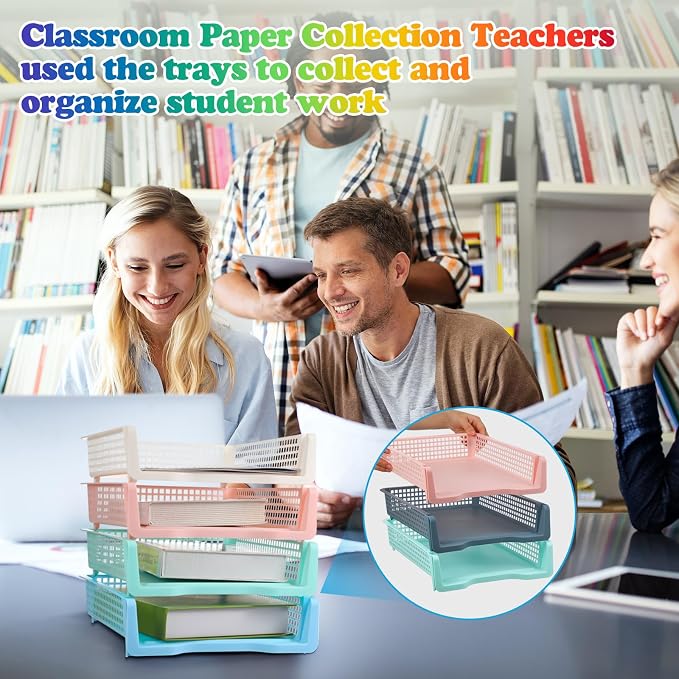 Weysat 12 Pcs Turn in Trays Classroom, Stackable Paper Tray for Classroom Organization Plastic Desk File Organizer Bin Basket for Library Drawer Teacher Office Document Storage (Pastel,Narrow)