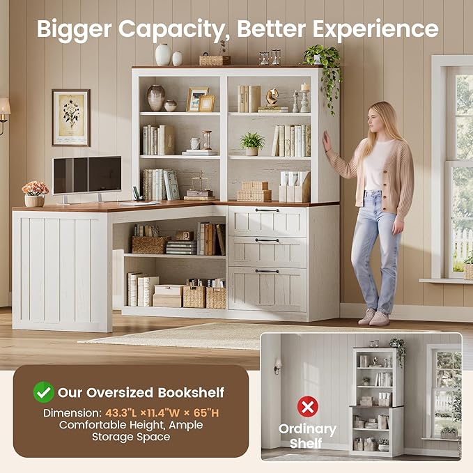 SEDETA Farmhouse L Shaped Computer Desk, 59'' Wood Office Desk with 3 Drawers and 5-Tier Bookshelf, Corner Desk with Storage Shelves and Power Outlet for Home Office Small Space, Vintage White + Brown