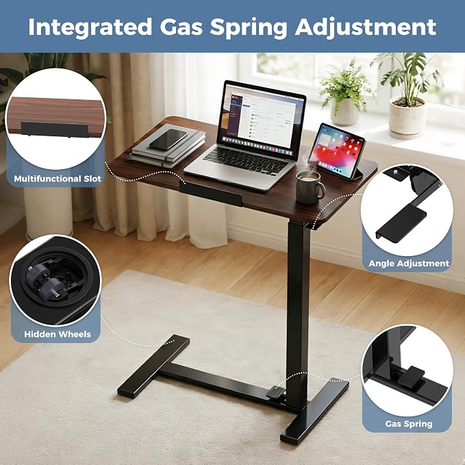 DUMOS Adjustable Rolling Desk, Mobile Overbed Bedside with Hidden Wheels, Portable Laptop Standing Desks Computer Workstation for Bed Sofa Couch, Chocolate