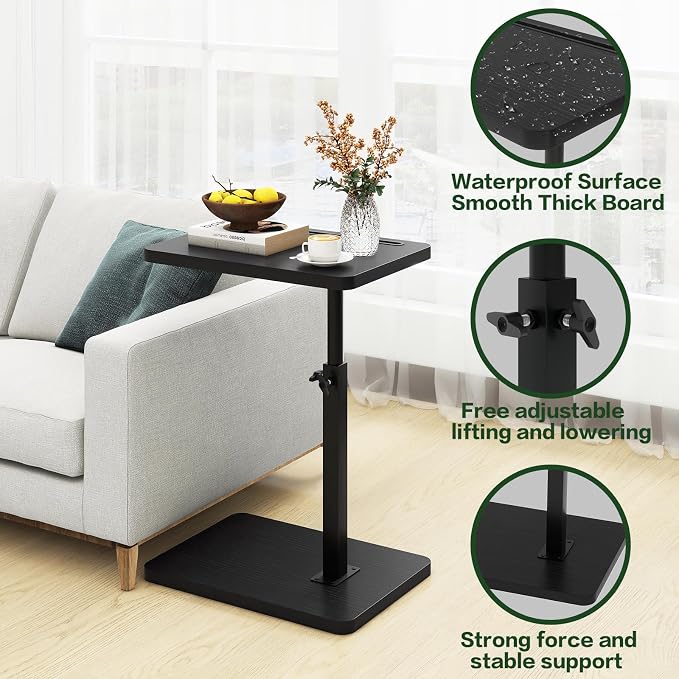 IBUYKE C Shaped Side Table, 360° Swivel Height Adjustable End Table for Small Spaces, with Phone & Tablet Slot, Modern Small Coffee Snack Table for Sofa/Bed, Black UTVT003B
