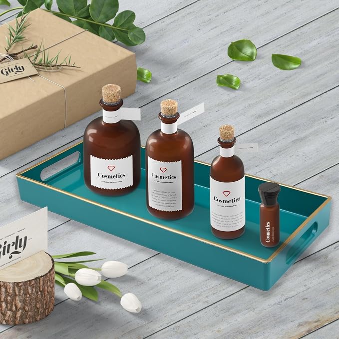 Green Bathroom Vanity Tray for Countertop, Small Plastic Toilet Tank Versatile Storage & Organization Tray for Makeup, Perfume, Desk, Kitchen, Candles, 13.7"x6"x1.4", 35GR