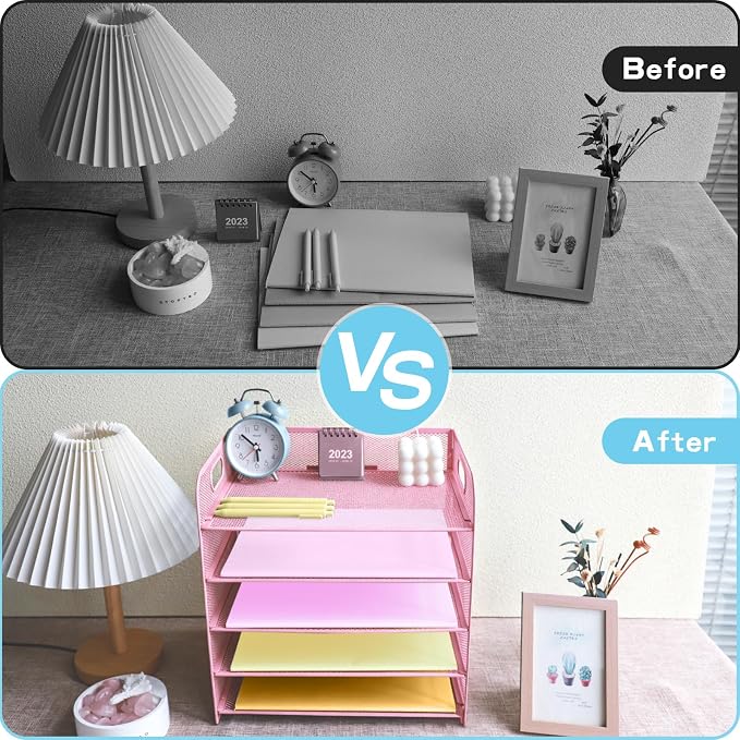 5 Tier Lettrer Tray Organizer with Handle, Metal Mesh Desk File Organizer with Sliding Trays, Paper Sorter Desk for Home Office School, Pink
