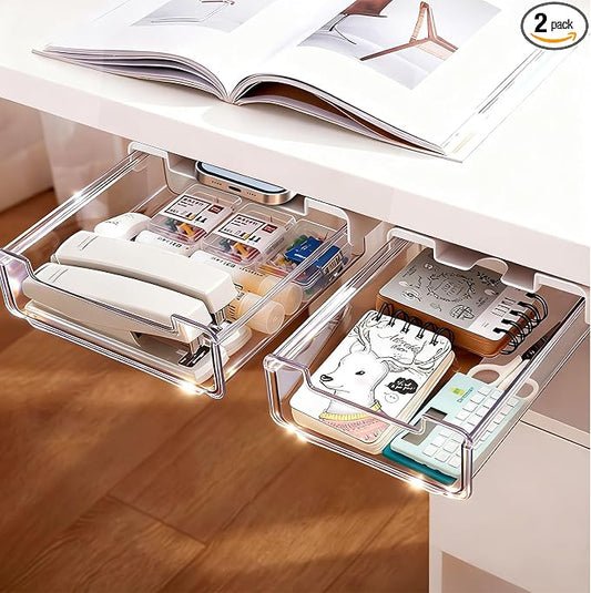 TooCust 2 Pack Under Desk Storage Drawers Slide Out-Drill-On or Self-Adhesive,Large&Medium Drawer Under Desk Organizer Under Table Drawer for Home Office School Organization and Storage
