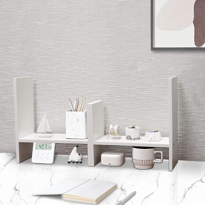 MASAKA B&W - Kawaii Storage Desktop Organizer for Your Desk Space, Double H Plants Display Shelf, Home Office Storage Rack Adjustable Stackable for Office, Dormitory (White*01)