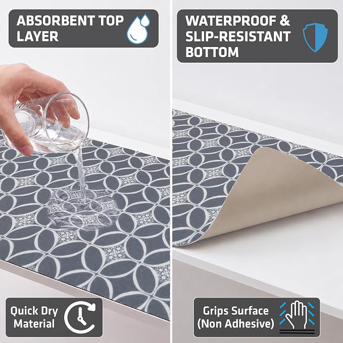 Drymate Premium Luxury Shelf & Drawer Liner, Thick Cushioned Fabric, Non-Adhesive, Absorbent, Waterproof, Slip-Resistant, Liners for Kitchen Cabinets (USA Made)(12”x59”)(24-Pack)(IndigoGrey)