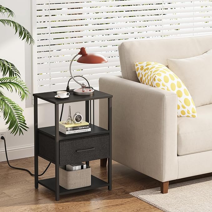 TUTOTAK Nightstand Set of 2, Night Stand with Charging Station, End Table, Bedside Table with Fabric Drawer, Side Table for Livingroom and Bedroom, Black TB01BK0692