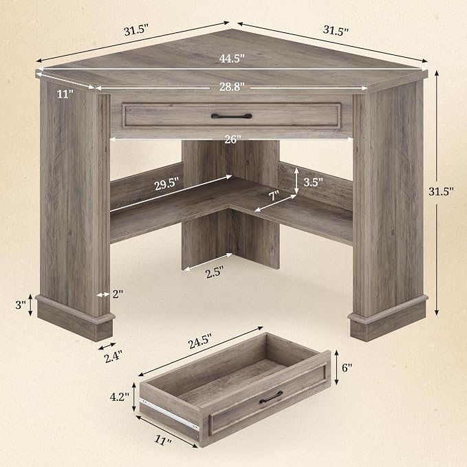 SEDETA 31.5" Small Corner Desk, Corner Desk for Small Space, Farmhouse Computer Desk with Drawers, Triangle Computer Desk with Storage Shelves for Home Office, Living Room, Bedroom, Gray