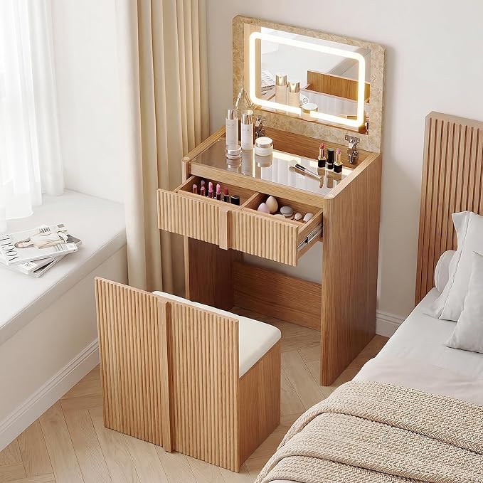 3-in-1 Small Vanity Desk with Drawers & Stool, Space Saving Makeup Vanity Dresser Set with Ample Leg Room, Sturdy 24" Nightstand with Mirror Bedside Table Combo for Bedroom Small Space,Natural