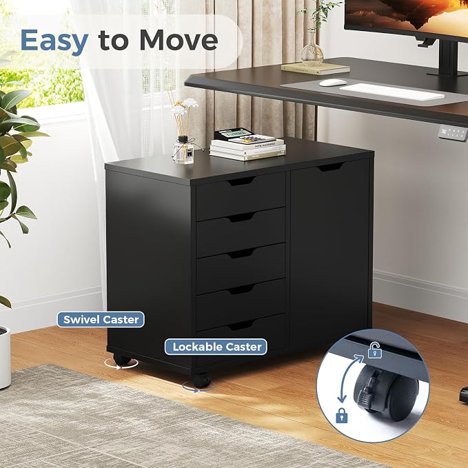 DUMOS 5-Drawer Office Storage File Cabinet Organizer with Wheels, Black | Under Desk Cabinets with Shelves and Door Printer Stand with Wood Board Metal Frame for Home Office Storage Craft Room