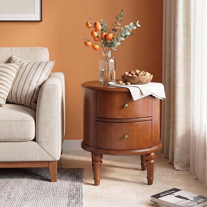 Set of 2Wood Side End Table with Tray Extension and Storage Drawers,Sofa Side Table with Round Legs,No-Tools Assembly,Telephone Table for Living Room,17.7”L x 19.7”W x 22.8”H Caramel CJZ-A1569-MG