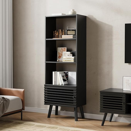 Furnify Small Narrow Corner Bookcase, 55" H Mid Century Modern Bookshelf with Slatted Door, 4 Cube Bookcase with Open Shelf, Display Storage Cabinet for Living Room, Home Office, Black