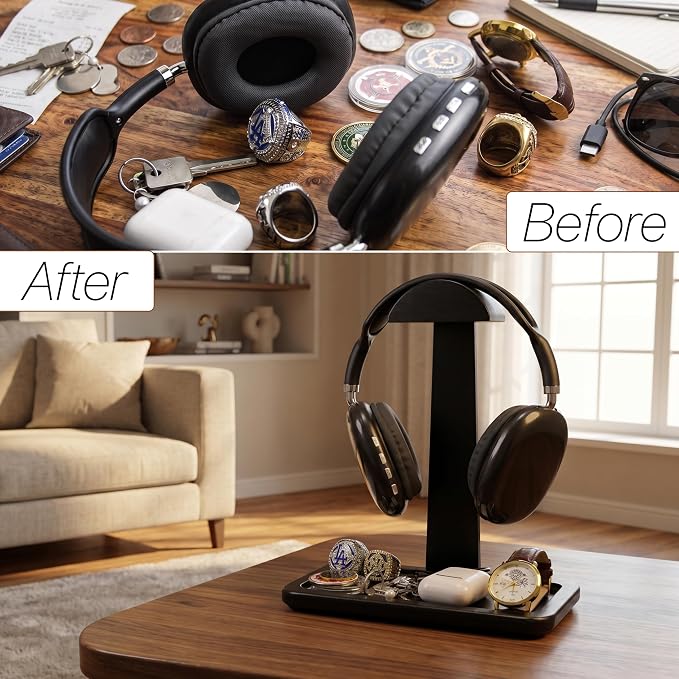 Gift for Men Headphone Stand with Storage Base, Stylish Headset Holder Gamer Gifts for Gaming & Desk to Keep Accessories Organized, Unique Gifts for Teenage Boy Brother on Birthday (Black Wood)