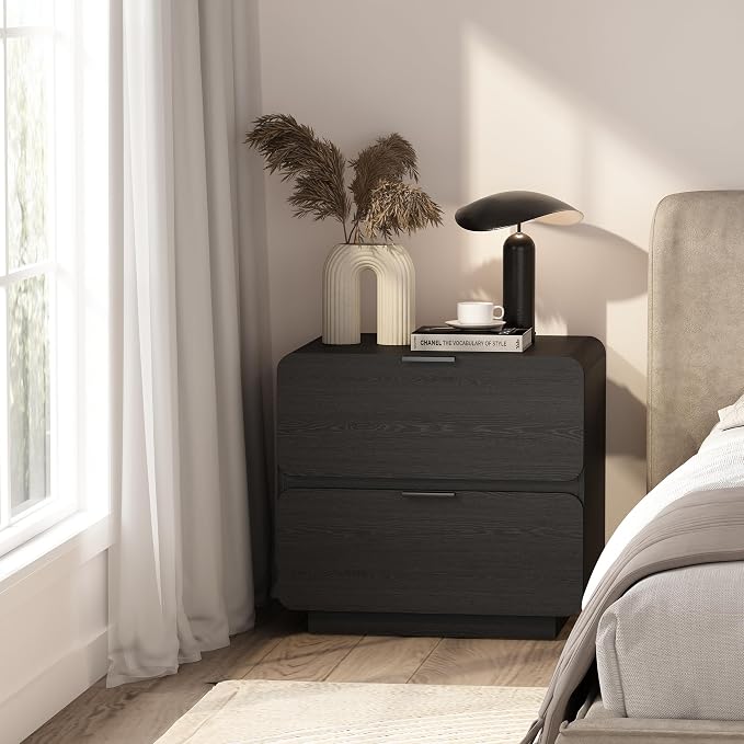 Manhattan Comfort Chrystie Fluted Nightstand 26" Bedside Table with 2 Full Extension Drawers, Rounded Corners, Wood Grain Finish, and Metal Handle Side End Table for Bedroom or Living Room in Black
